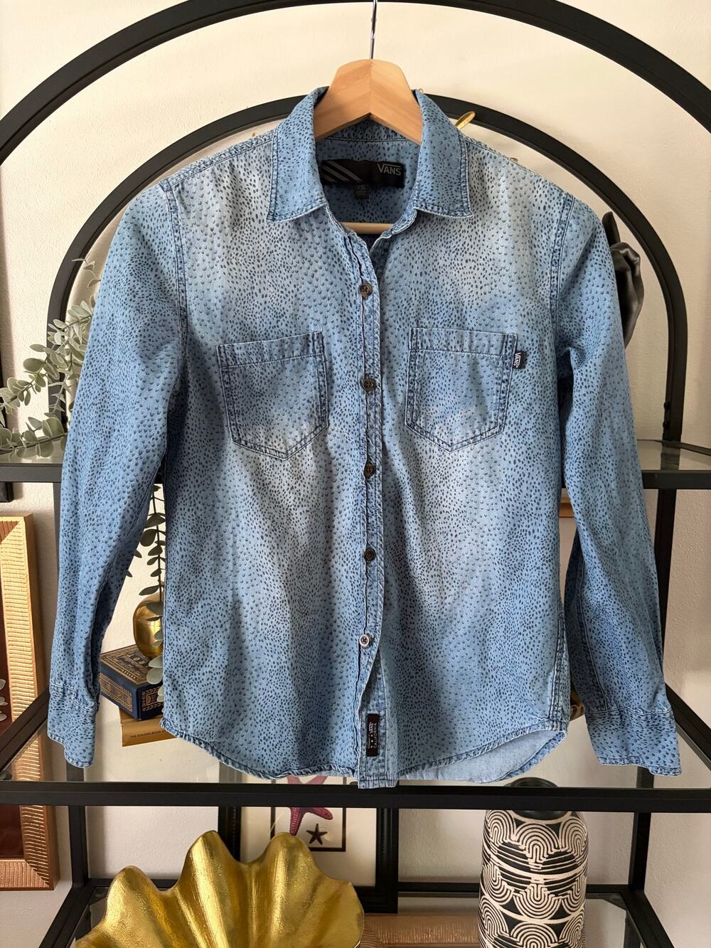 Vans Womens XS Chambray Denim Shirt Blue Micro Dot Print Button Up